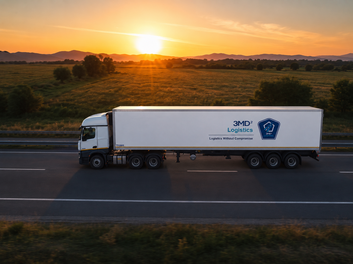 Truck on the road at sunset